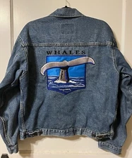 Vintage 90s International Denim WYLAND STUDIOS Embroidered Whales Whale Jacket L