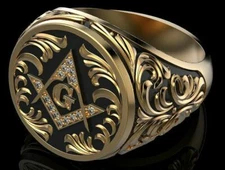 Argentium Silver CZ Black Enamel Yellow Rhodium Masonic Freemasons Men's Ring