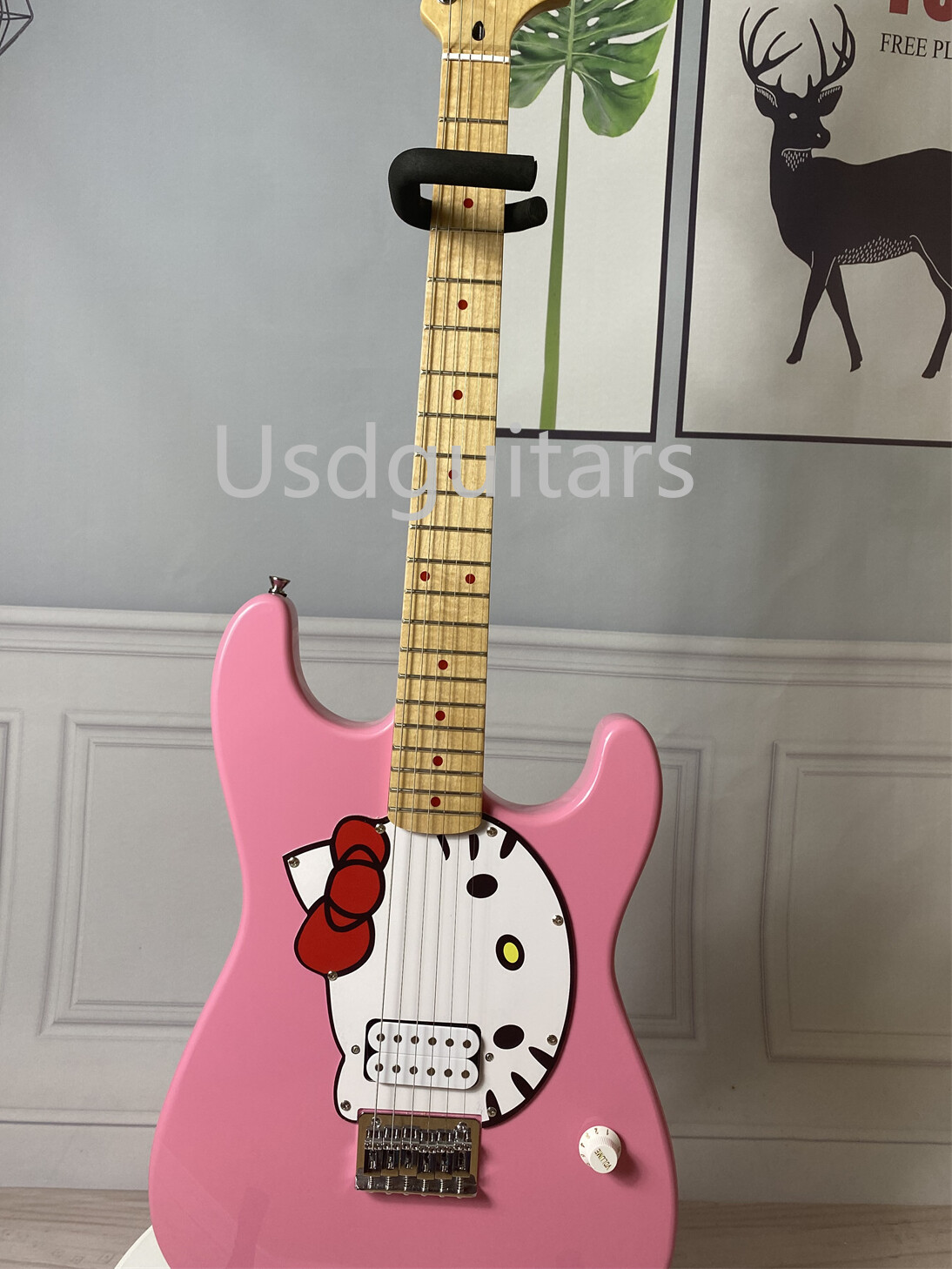 Solid Hello Kitty Electric Guitar 6 String H Pickup Chrome Parts Maple