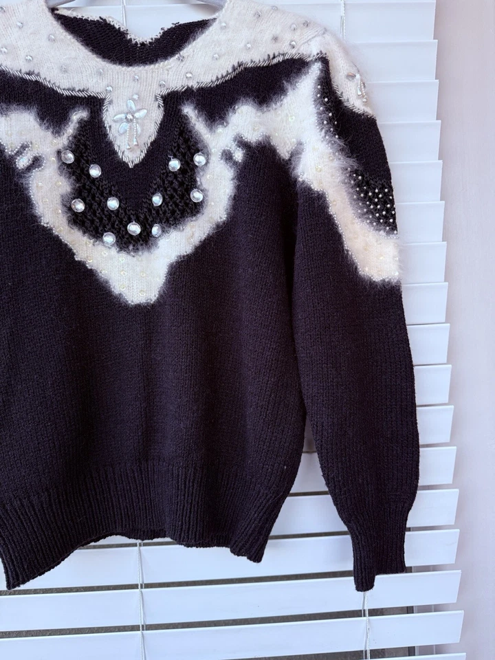 Vintage 80s Womens Black White Knit Angora Beaded Applique Sweater S-M Sparkley - Image 3 of 4
