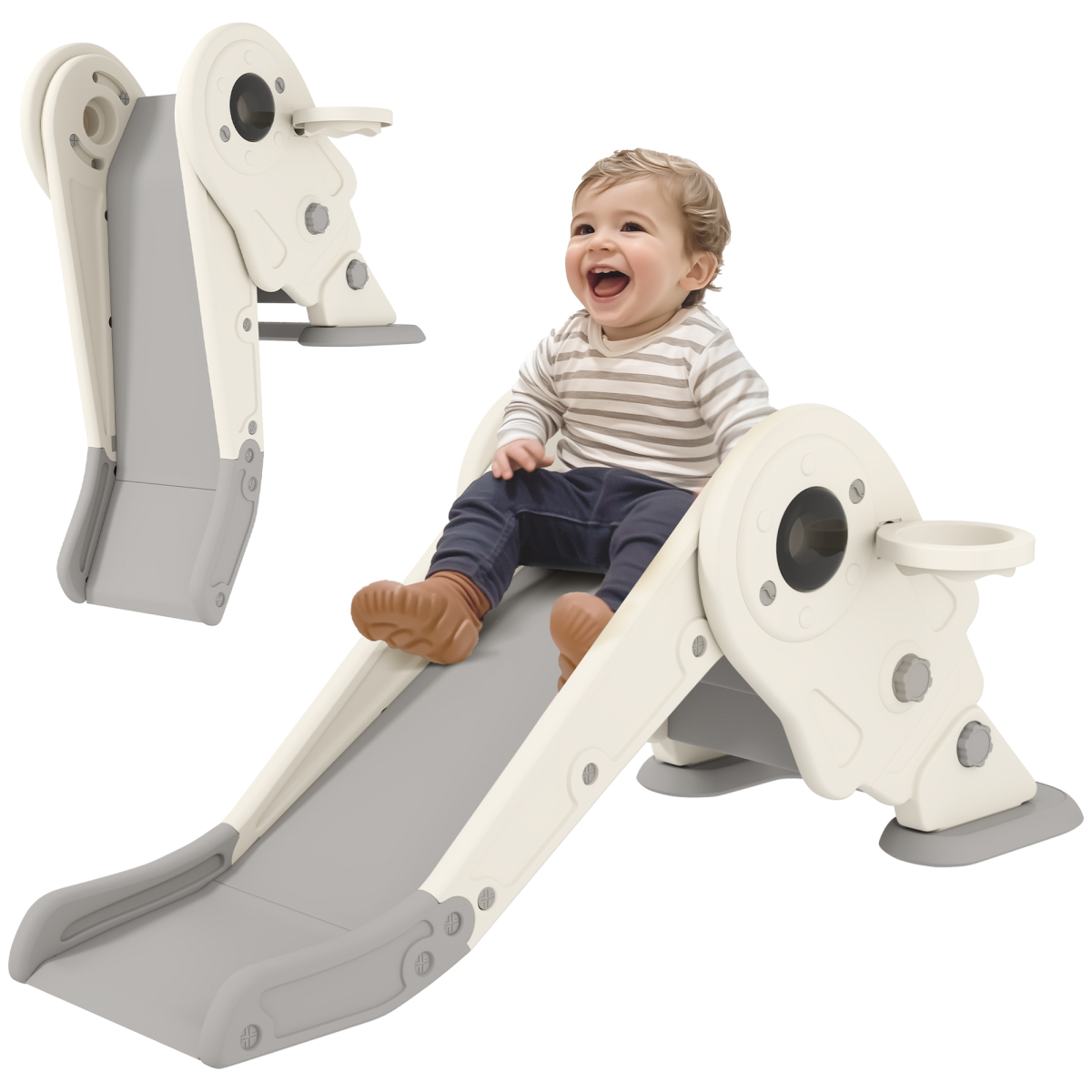 Aiyaplay Unisex Cream 3 In1 Kids Slide With Basketball Hoop, Climber, White - Image 2