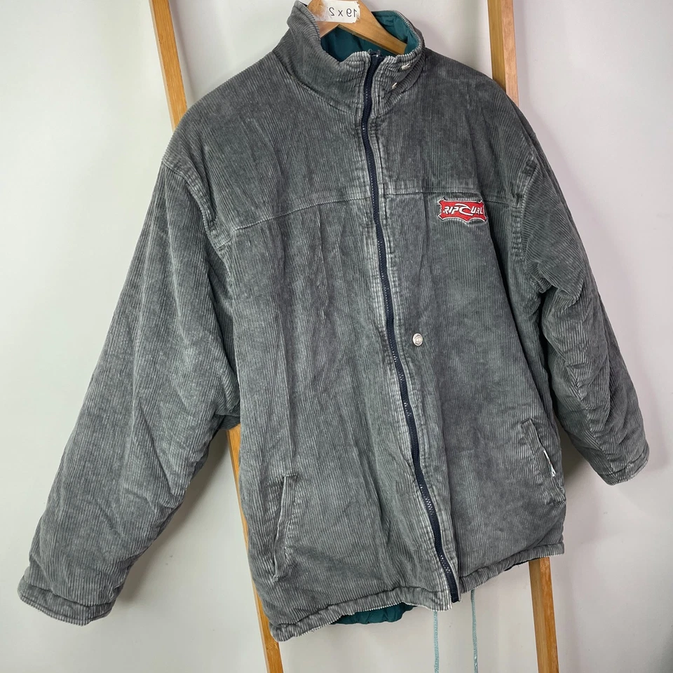 Vintage Rip Curl Reversible Corduroy Jacket Mens Medium Grey Green Surf 90s - Image 2 of 4