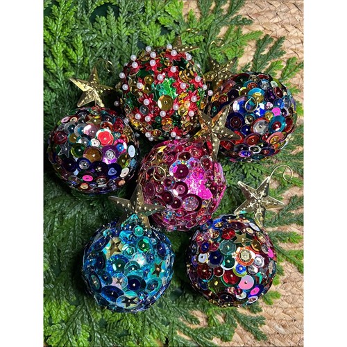 Lot of 6 Sequin Push Pin Christmas Ornaments Vintage Style Gold Star Hanger