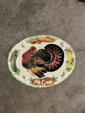 Vintage Hand Painted Cermaic Thanksgiving Turkey Platter Made in Italy