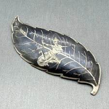 Vintage Thailand Silver Hindu Niello Dancer Enamel Leaf Brooch Mid Century Pin