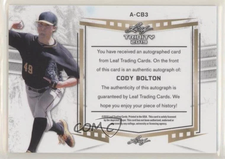 2019 Leaf Trinity Auto Inscriptions Blue /20 Cody Bolton #A-CB3 Auto - Image 2 of 2