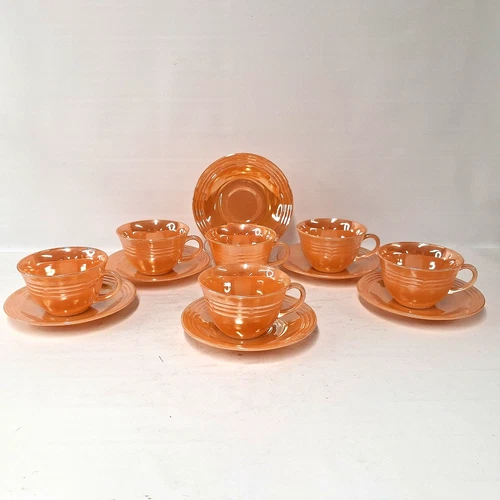 Vintage Anchor Hocking Fire-King Peach Luster Ribbed Cups & Saucers Set MCM