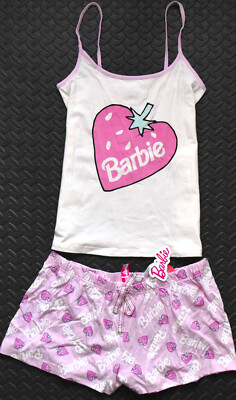Barbie Strawberry Pink PJ Set Pyjama Primark Vest Shorts Women UK