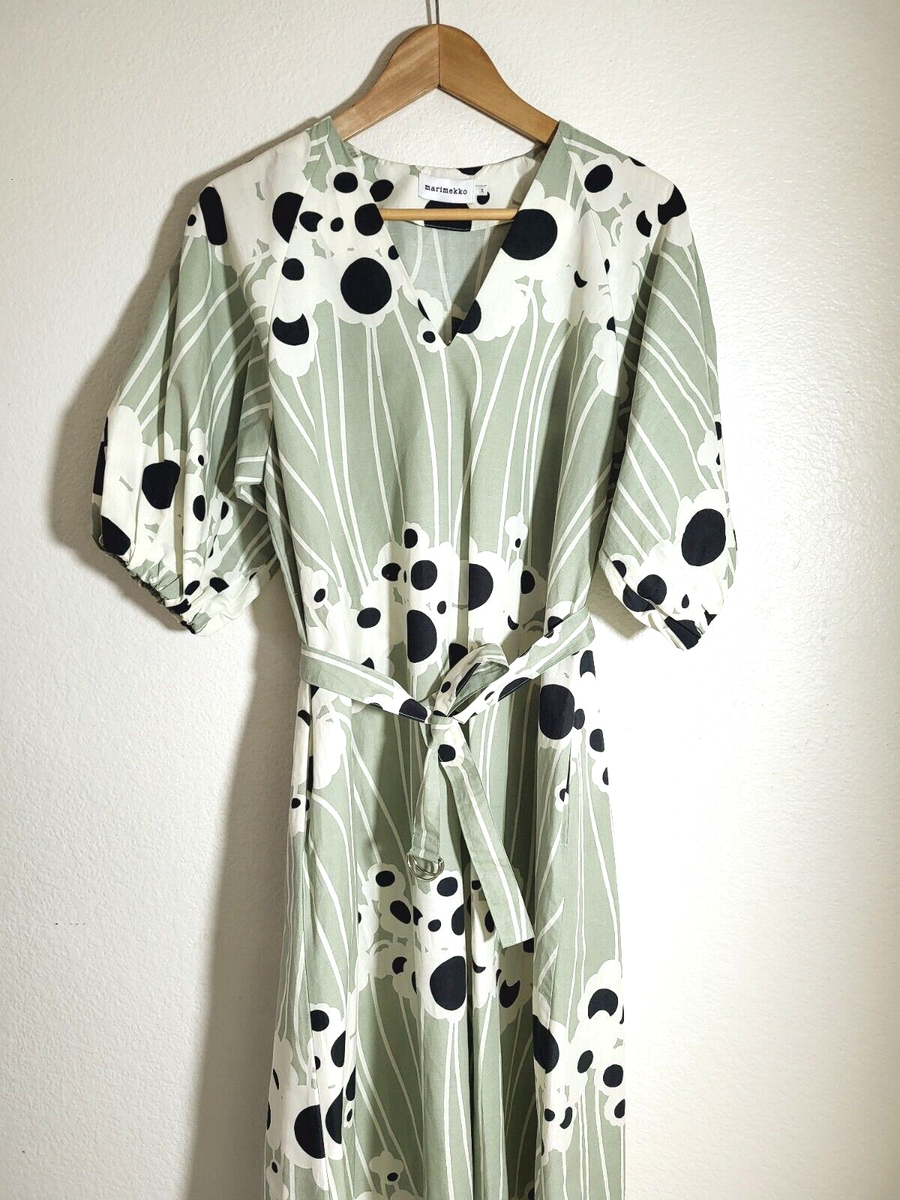 24AW■marimekko■Aiva Lammet コットンリネンドレス グリーン New $510 Marimekko Aiva Lammet Belted Midi Dress. Size 34