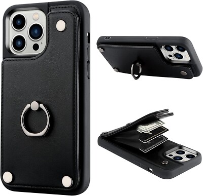 iPhone 14 Pro Max Handyhülle Schutzhülle Leder Wallet & Ring Halter Ständer