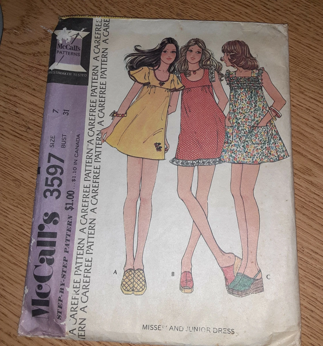 70s Vintage Sewing Pattern bust 31 size 7 DRESS McCall's 3597