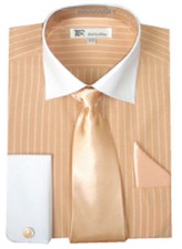Men's stylish Striped Dress Shirt Tie Hanky French Cuff Cuff Links Peach SG17