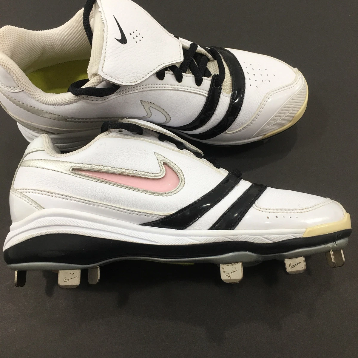 Rare Nike Softball Baseball Metal Cleats White Black size 6 Pink Swoosh Clean