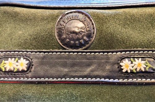 Vintage MICHEL JORDI 5""x7"" Umhängetasche/Gürteltasche grün Wildleder schwarz Leder EUC - Bild 6 von 10