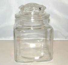 Square Clear Glass Candy Jar Canister 8 point lid 6.75" tall 4 1/4" side 