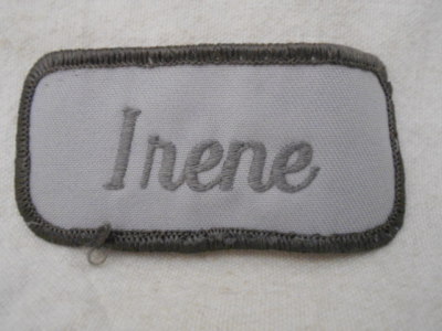 IRENE USED EMBROIDERED VINTAGE SEW ON NAME PATCH TAGS GREY ON GREY