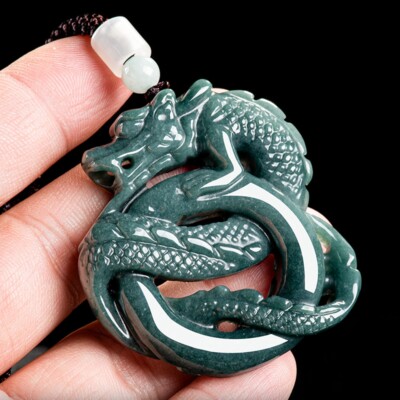 Certified Grade A Blue Jade jadeite Carved Zodiac Dragon Amulet