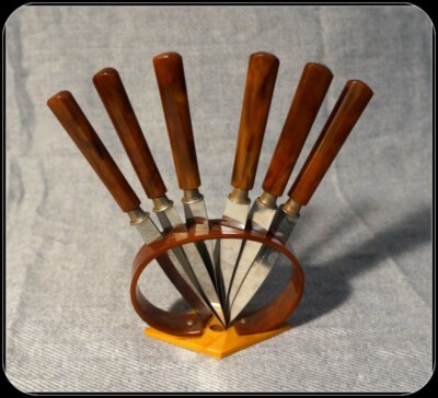 Solingen Art Deco Style Bakelite Fruit Knife Set of 6 and Stand/Holder #A1779