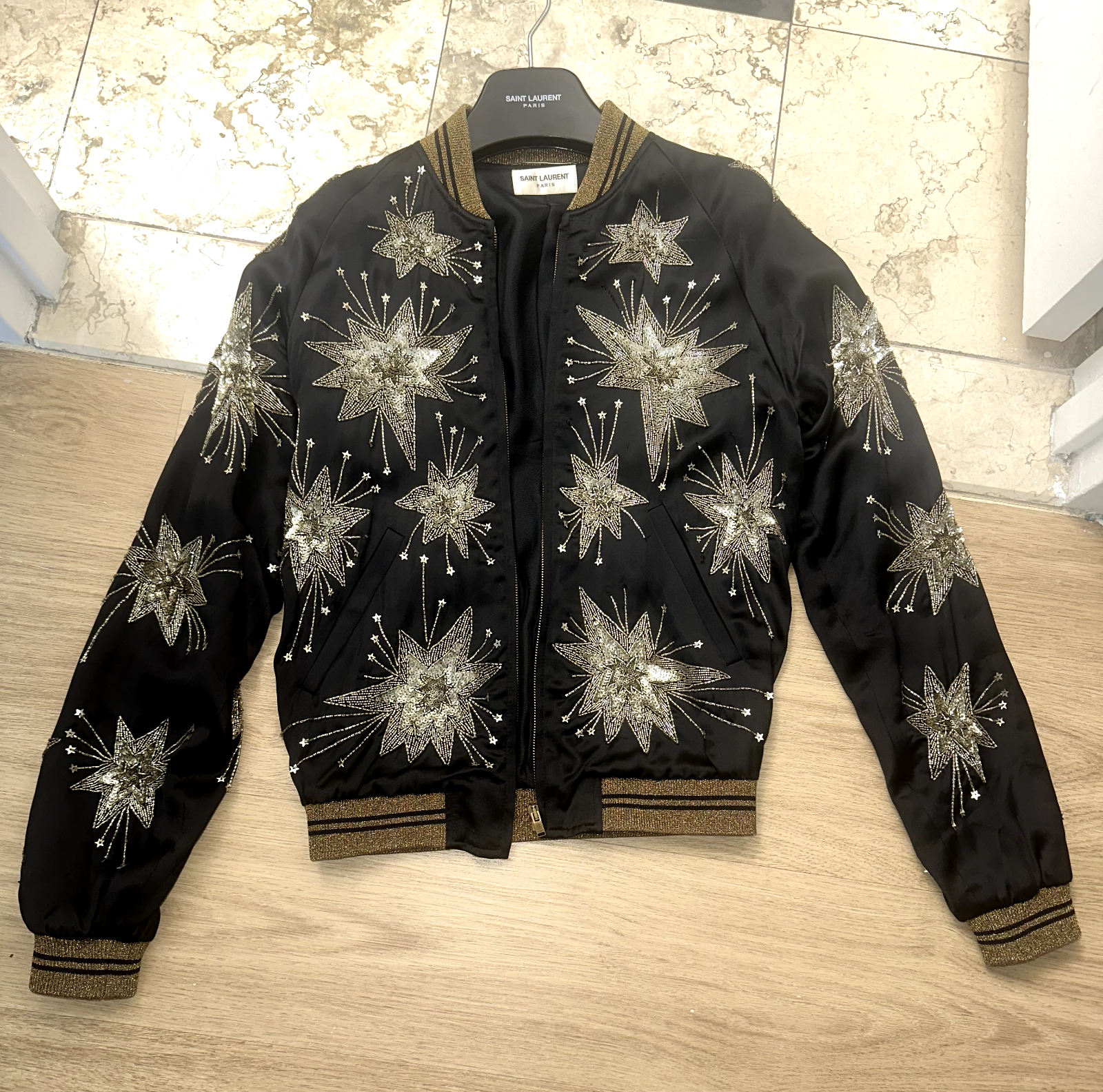 $7000 RUNWAY Saint Laurent Starburst fuochi d'artificio giacca bomber seta 46 small XS
