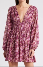 Free People Keep You Floral Mini Dress Small Berry Long Sleeve NWT Cotton Boho