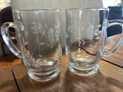 2 Princess House Heritage Cut Large Footed Coffee Tea Mug Thick Glass 16 Oz   C2