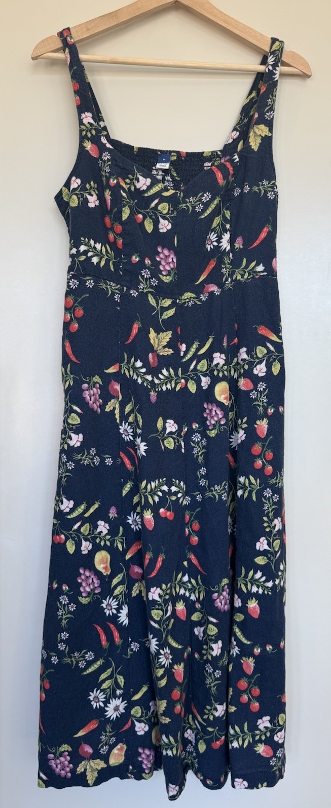 Old Navy Women Blue Linen Blend Cottagecore Fruits Midi Fit &Flare Dress M