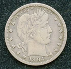 "Scarce Date" 1894-O Silver Barber Quarter 25c -  Fine + w/ Obverse Scratches