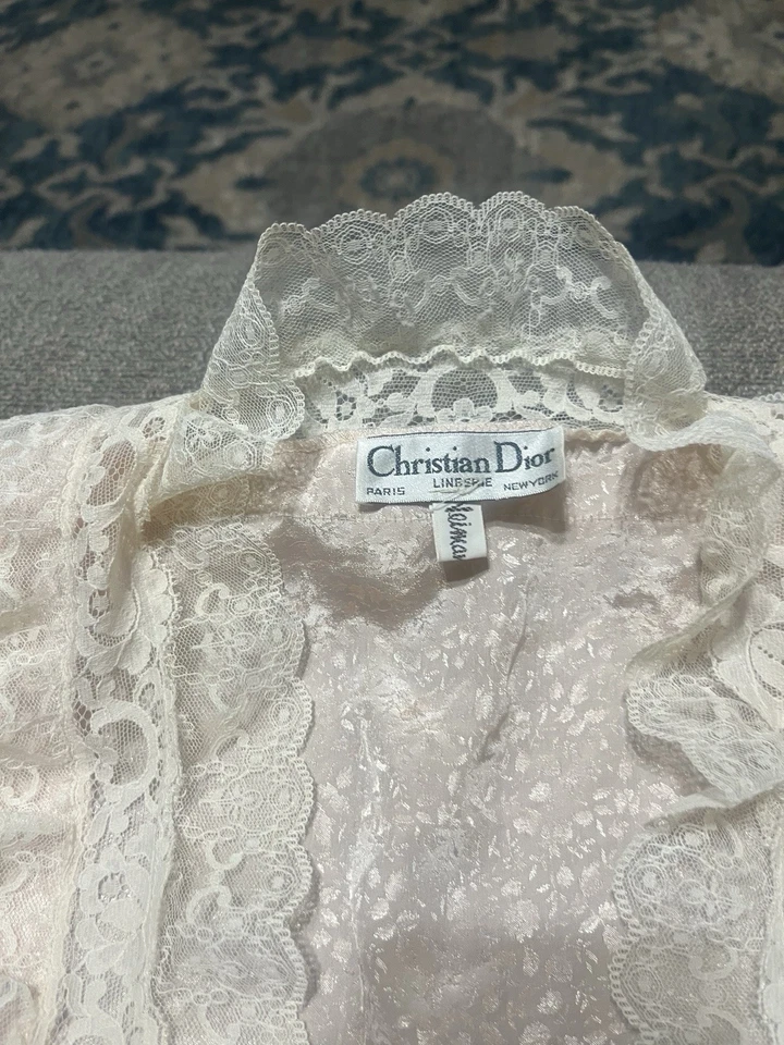 Винтажный CHRISTIAN DIOR Baby розовый кружевной отделки рукава атласный кимоно стиль халат маленький - Изображение 2 из 4