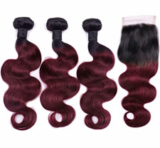 100 Human B-wave Hair Black to Burgundy Wavy Human Hair Bundles 4pcs w/Closure
