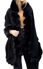 La Fiorentina Faux Fur Trim Cape Shawl Wrap Poncho Elegant Black