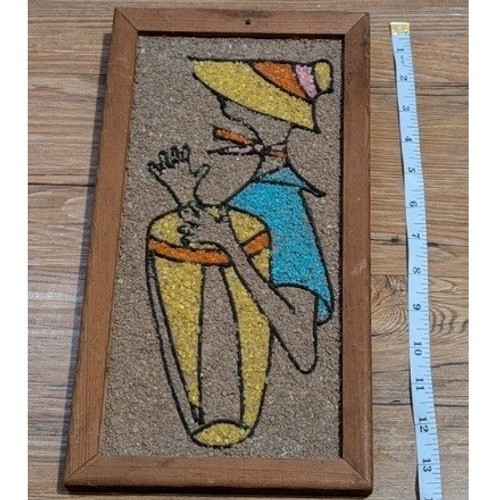 Vintage Mid Century Gravel Art Conga Drummer Wall Decor Wood Frame 12.5x6.5