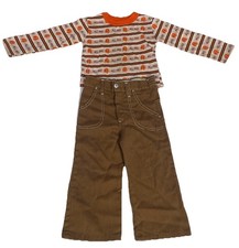 VTG 1970s Boys Football Shirt Long Sleeve  Brown Pants Trousers Retro Children