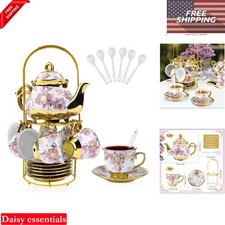 20pcs Porcelain Tea Set with Gold Flower Pattern Elegant Purple 500ml for Adults