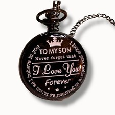 Engraved Pocket Watch "To My Son" With Chain Black Metal Roman Numerals Gift For