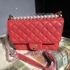 Classic Fashion Quilted Red Shoulder Bag with Pearl Accent and Chain Strap