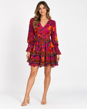 FARM Rio Floral Ruffle Mini Dress Small Pink Boho Long Sleeve V-Neck