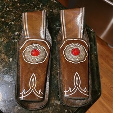 VTG 1950s CHILDS SMALL TOY RED JEWELED COWHIDE LEATHER HOLSTERS