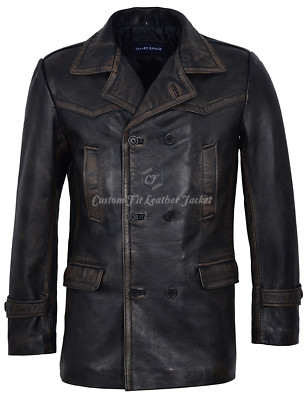 Herren Zweireiher Schwarz Vintage Zweiter Weltkrieg Echt Leder Mantel Jacke Dr WHO