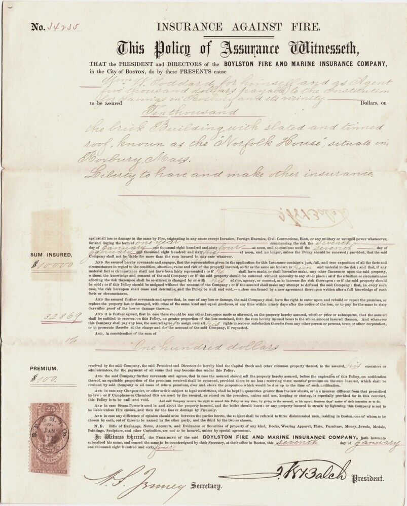 Insurance Policy Against Fire, $10,000 By Wm. W. Goddard, 1862, 1863 &Amp; 1865