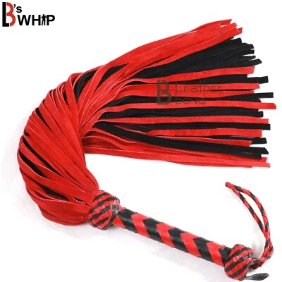 LB'S WHIP Real Cowhide Suede Leather Flogger 100 Falls Red & Black Heavy Thuddy whip