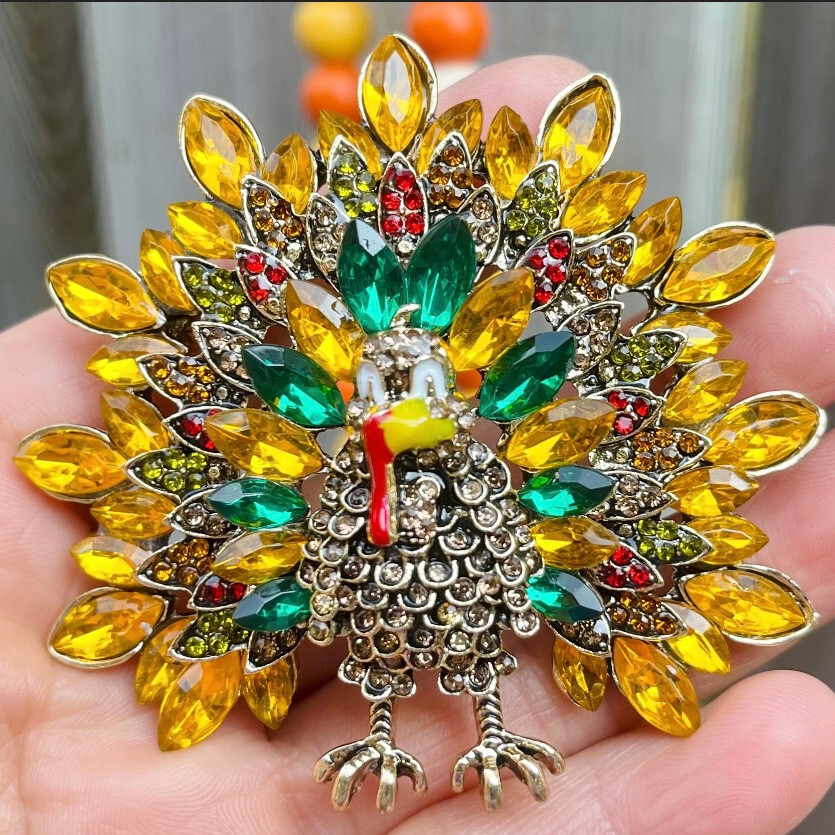 Large Turkey Brooch Turkey Pin Rhinestone Turkey Brooch Thanksgiving Brooch Pin