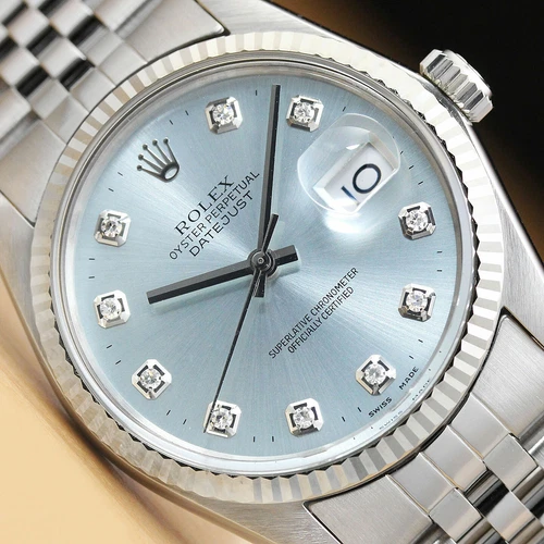 MENS ROLEX DATEJUST ICE BLUE DIAMOND QUICKSET WATCH + ROLEX 18K WHITE GOLD BEZEL