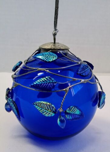 Grande sfera vintage Midwest vetro blu ornamento foglie vetro fiori finestra sfera - Foto 2 di 11