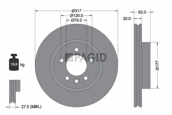 2x PAGID Disque Aéré Internement Ø317mm pour Land Rover Discovery IV L319 La - Photo 1/1