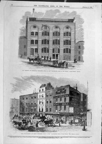 Original Old Antique Print 1858 Ing Publishing Office Building World News 19th