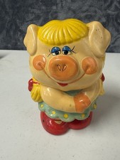 Vintage Enesco Girl Pig Piggy Bank Gift Decor Collectible Pig Tails 1980