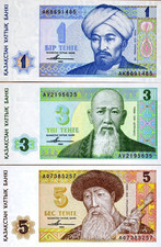 LOT SET SERIES 3 Banknotes KAZAKHSTAN 1 & 3 &5 Tenge 1993 P7 8 9 NEW UNC