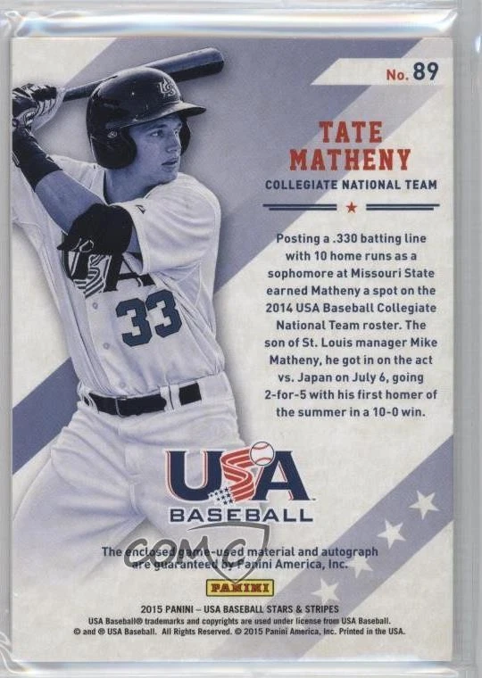 2015 Panini Stars and Stripes Jerseys Prime Signatures /15 Tate Matheny #89 Auto - Image 2 of 2