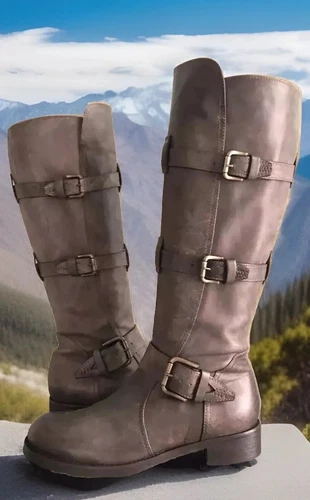 Alberto Fermani Knee High Boot Buckle Ash Brown Italian Leather Size 7