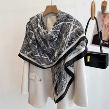 130x130cm Women Black White Square Scarf Large Beach Shawl Wrap Retro Print F